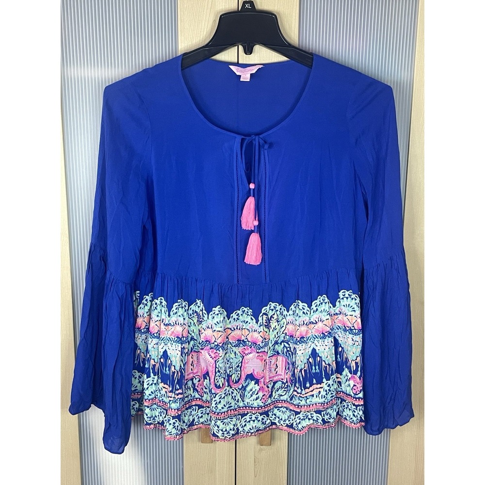 Lilly Pulitzer Kahli Blue Babydoll Tassel Long Sleeve Blouse Top S Beach Resort
